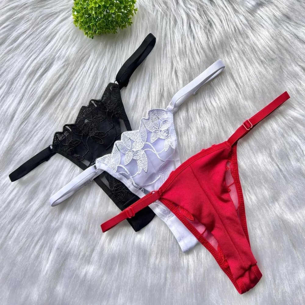 Calcinha Fio Dental Tule Bordado Flowers Mil Toques