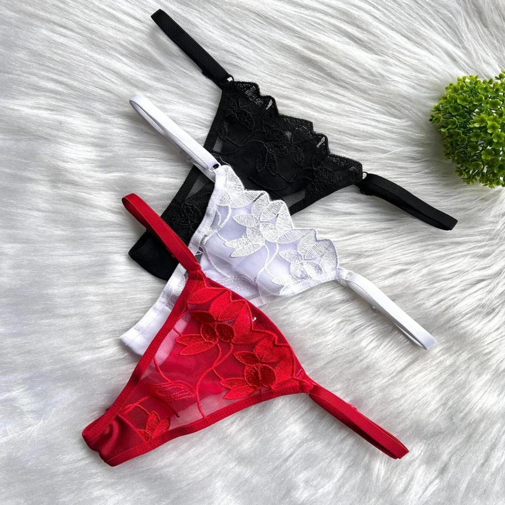 Calcinha Fio Dental Tule Bordado Flowers Mil Toques