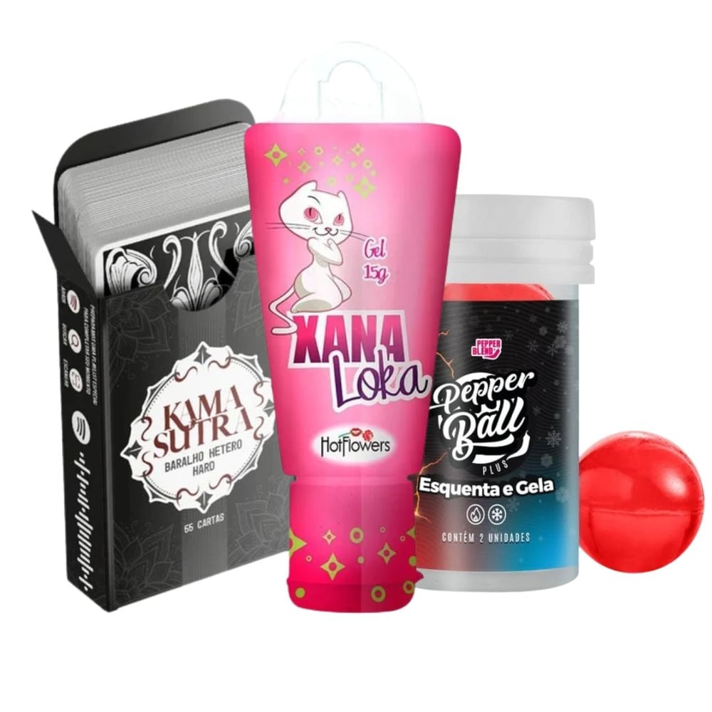 Kit Com Baralho Kama Sutra Gel Xana Loka E Pepper Ball Plus Esquenta E Gela