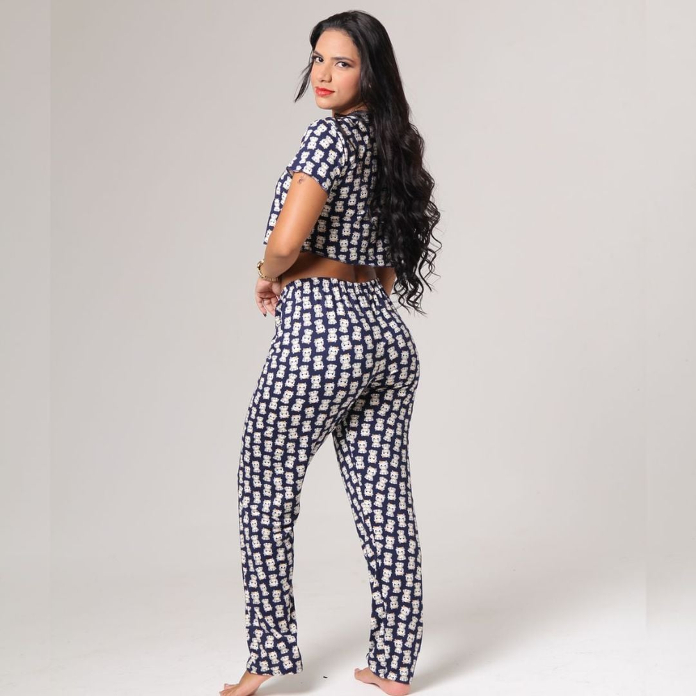 Pijama Com Calça E Cropped De Manga Garota Dorme Bem