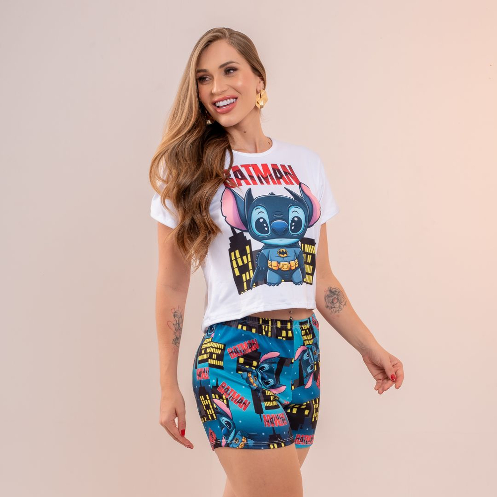 Short Doll Estampado Stitch Batman Amável 