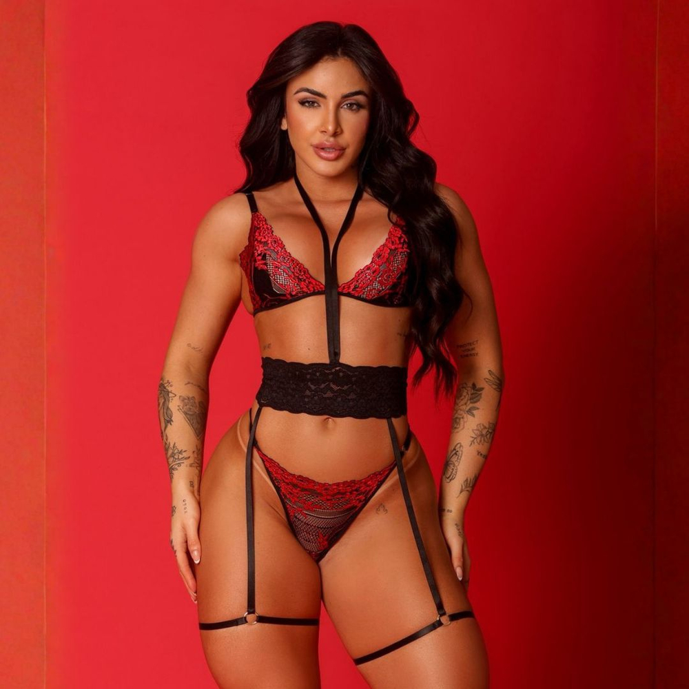 Conjunto Provocante Rendado Com Cinta Liga Mil Toques