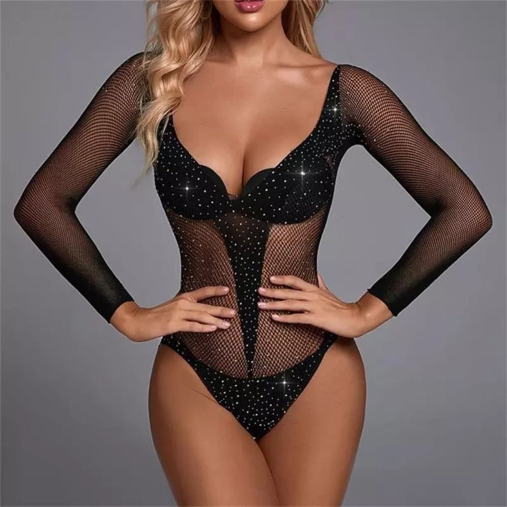 Body Arrastão Kim Com Manga Longa E Strass