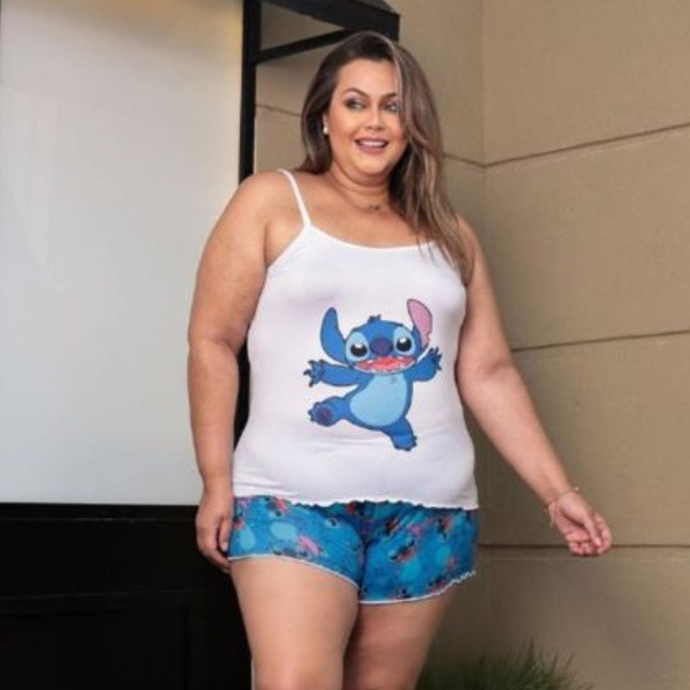 Pijama Feminino Plus Size Com Blusa De Alça E Short Estampado