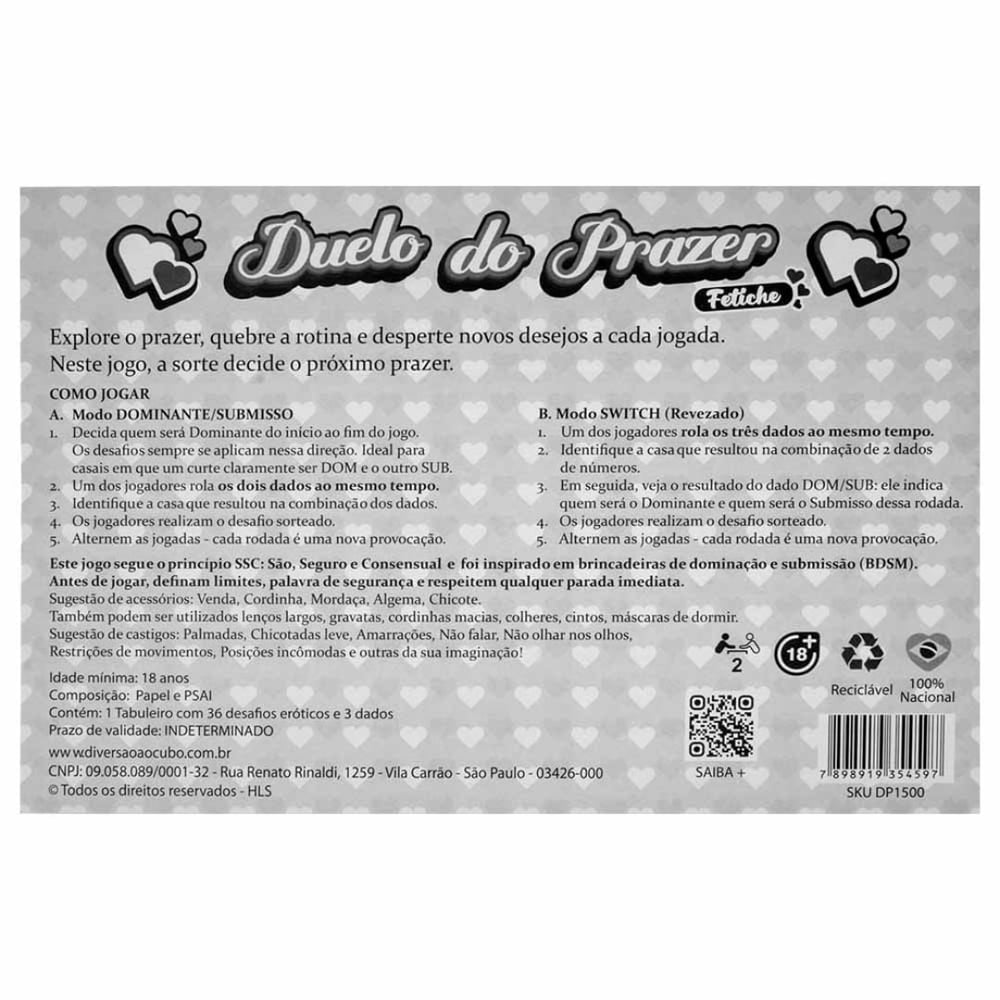 Jogo Erótico Duelo Do Prazer Fetiches Diversão Ao Cubo
