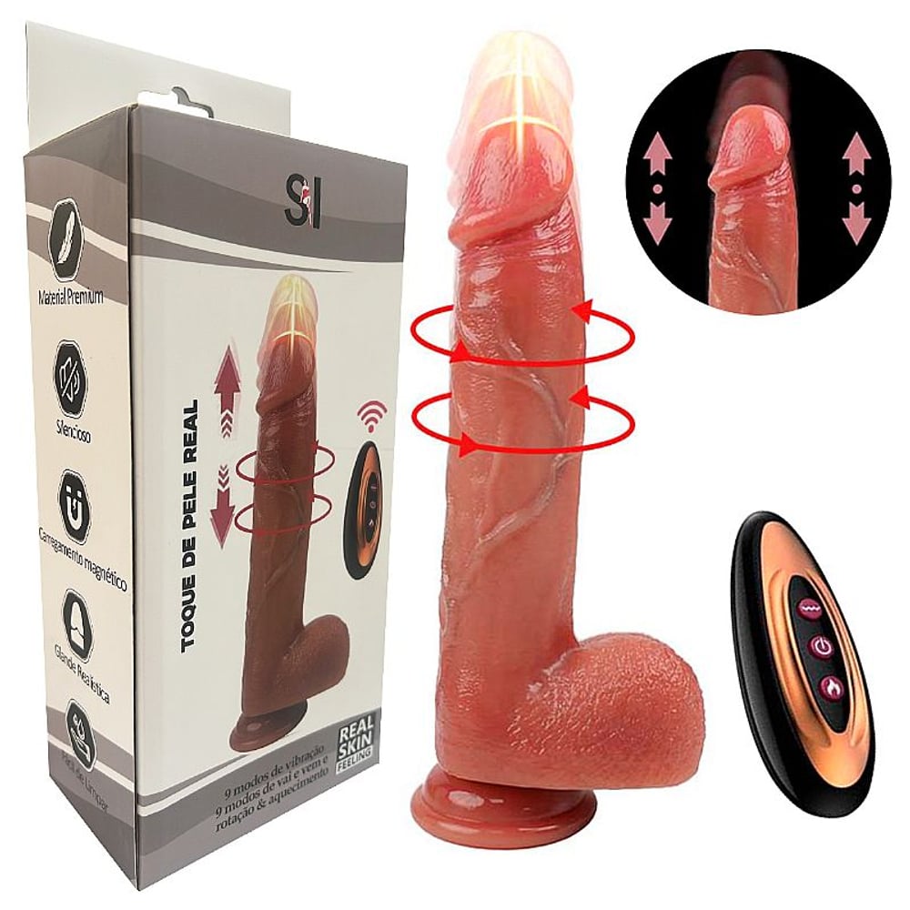 Pênis Realístico Em Silicone Líquido Com Vai E Vem Rotativo E Aquecimento 22,5 X 4 Cm Si