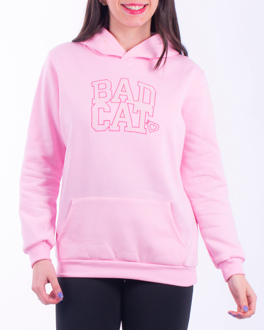 Blusão Moletom Canguru Rosa Bad Cat com Bolso Frontal e Touca