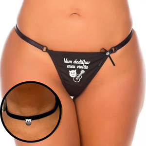 Calcinha Fio Dental Com Choker Frase Vem Dedilhar Meu Violão Pimenta Sexy