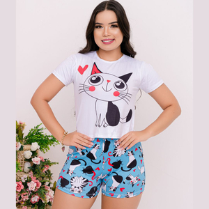 Short Doll Estampado Cutie Cat Amável Moda íntima