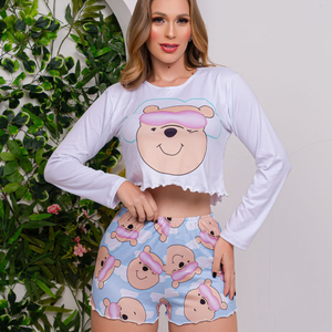 Short Doll Manga Longa Ursinho Pooh Amável Moda íntima