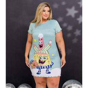 Camisola De Manga Plus Size Patrick E Bob Esponja Amável Moda Intima