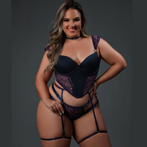 Conjunto Plus Size Mariana Com Cropped E Fio Dental Com Cinta Liga Dy Girl