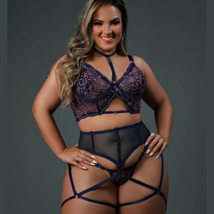 Conjunto Sensual Plus Size Com Cropped Sem Bojo E Cinta Liga Dy Girl