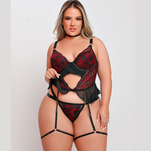 Conjunto Com Corselet Em Renda Choker E Ligas Dy Girl