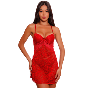 Camisola Sensual Suzy Em Renda Com Bojo E Calcinha String Damor