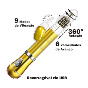 Vibrador Ponto G Rabbit Cromado 9 Vibrações 6 Modos De Vai E Vem E Rotação