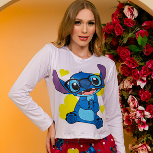 Pijama Manga Longa Com Calça Stitch Amável Moda íntima