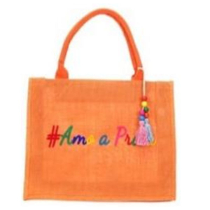 Bolsa De Praia De Jutá Orange Com Pingente Tassel Frase Amo A Praia