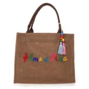 Bolsa De Praia De Jutá Brown Com Pingente Tassel Frase Amo A Praia