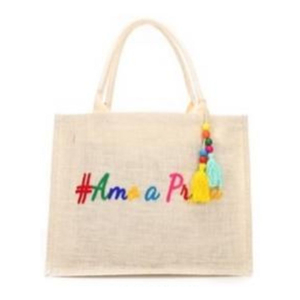 Bolsa De Praia De Jutá Beige Com Pingente Tassel Frase Amo A Praia