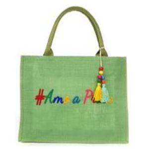 Bolsa De Praia De Jutá Green Com Pingente Tassel Frase Amo A Praia