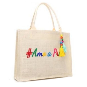 Bolsa De Praia De Jutá Beige Com Pingente Tassel Frase Amo A Praia