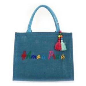 Bolsa De Praia De Jutá Blue Com Pingente Tassel Frase Amo A Praia