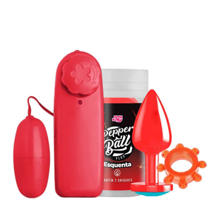 Kit Com Cápsula Vibratória Bullet Vermelha Pepper Ball Esquenta Plug Anal Diamonds Vermelho E Anel Peniano 