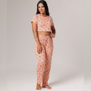 Pijama Com Calça E Cropped De Manga Garota Dorme Bem