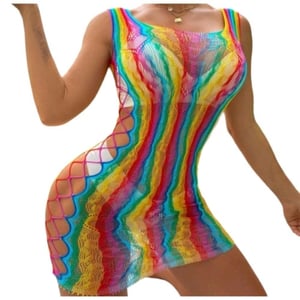 Vestido Sensual Arrastão Rainbow Com Detalhe Lateral