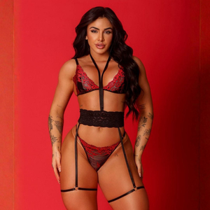 Conjunto Provocante Rendado Com Cinta Liga Mil Toques