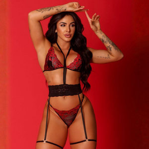 Conjunto Provocante Rendado Com Cinta Liga Mil Toques