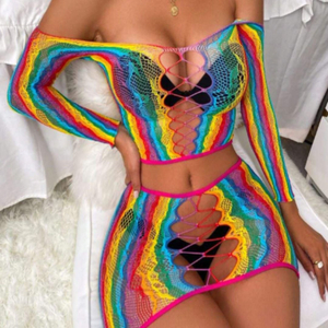 Conjunto Sensual Arrastão Rainbow Com Top Manga Longa E Saia
