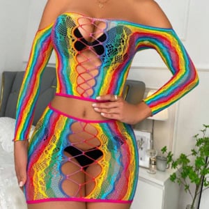 Conjunto Sensual Arrastão Rainbow Com Top Manga Longa E Saia