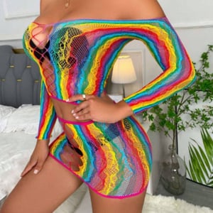 Conjunto Sensual Arrastão Rainbow Com Top Manga Longa E Saia