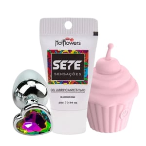 Kit Com Gel Sete Sensações Estimulador Cupcake E Plug Anal Pequeno Litoral Moda Intima