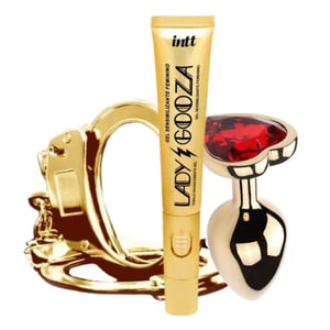 Kit Com Gel Sensibilizante Lady Gozza Algema De Metal E Plug De Coração Dourado Litoral Moda Intima
