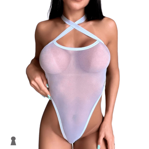 Body Sexy sem Bojo Fio Dental em Tule Branco Costas Nuas