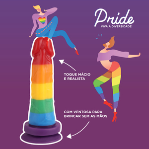 Pênis Realista com Ventosa Pride Arco Iris Colorido 16cm