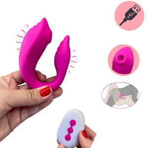 Vibrador Casal com Sugador Estimulador por Ondas de Pressão e Controle