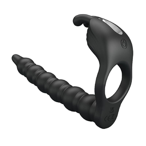 Anel Peniano e Companheiro com Vibrador para Dupla Penetracão com Plug Anal Escalonado em Silicone