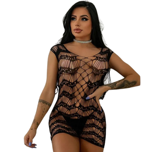 Bodystocking Vestido Curto Sensual em Arrastão com Transparência