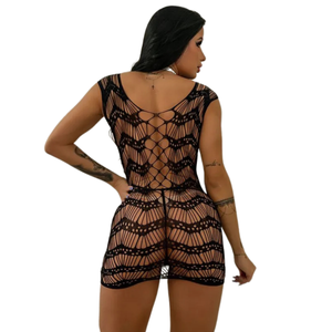 Bodystocking Vestido Curto Sensual em Arrastão com Transparência