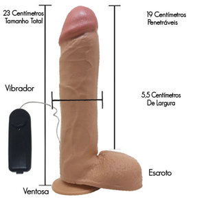 Pênis Realista Enorme com Vibrador Escroto e Ventosa 23x5,5cm