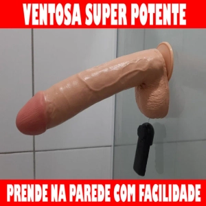 Pênis Realista Enorme com Vibrador Escroto e Ventosa 23x5,5cm