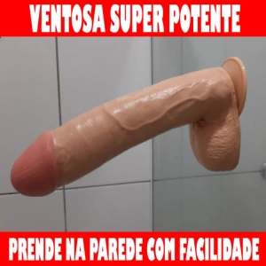 Pênis Realista Grosso Glande Saliente com Escroto e Ventosa 23x5,5cm