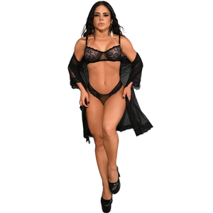 Conjunto sem Bojo com Aro de Renda e Tule com Robe Poá