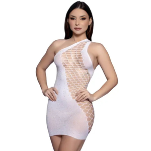 Vestido Curto Bodystocking em Arrastão Alça Única Sensual com Strass