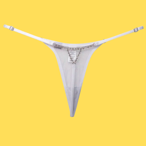 Calcinha Fio Dental Luxo com Transparência em Tule e Biju de Strass no Bumbum