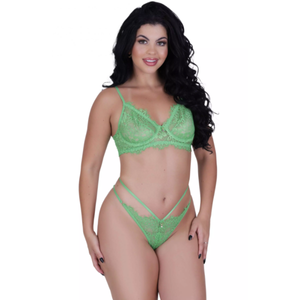 Conjunto sem Bojo Rendado e Calcinha com Tiras Strappy